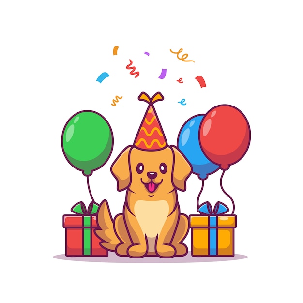 ギフトや風船の漫画イラストのかわいい犬の誕生日 プレミアムベクター