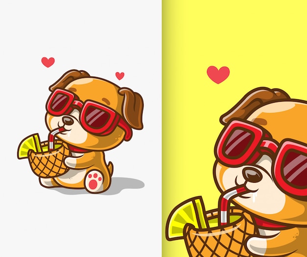 かわいい犬は パイナップルジュースアイコンイラストを飲みます 犬のマスコットの漫画のキャラクター プレミアムベクター