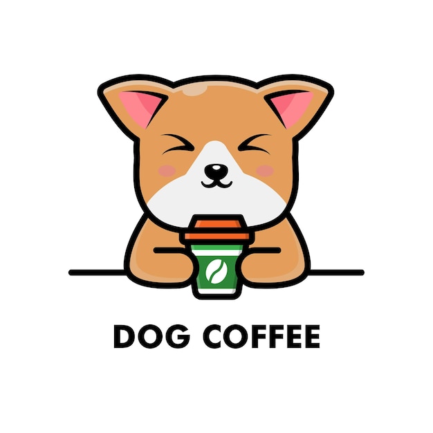 かわいい犬ドリンク コーヒー カップ漫画動物ロゴ コーヒー イラスト プレミアムベクター