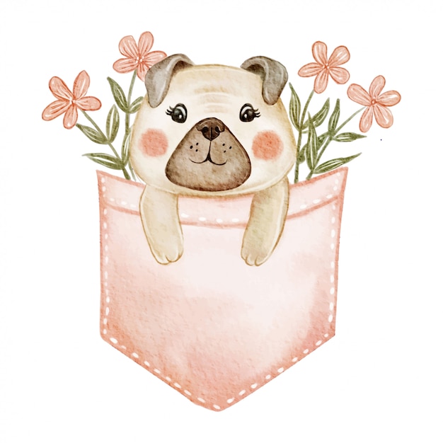 花の水彩イラストのポケットの中のかわいい犬 プレミアムベクター