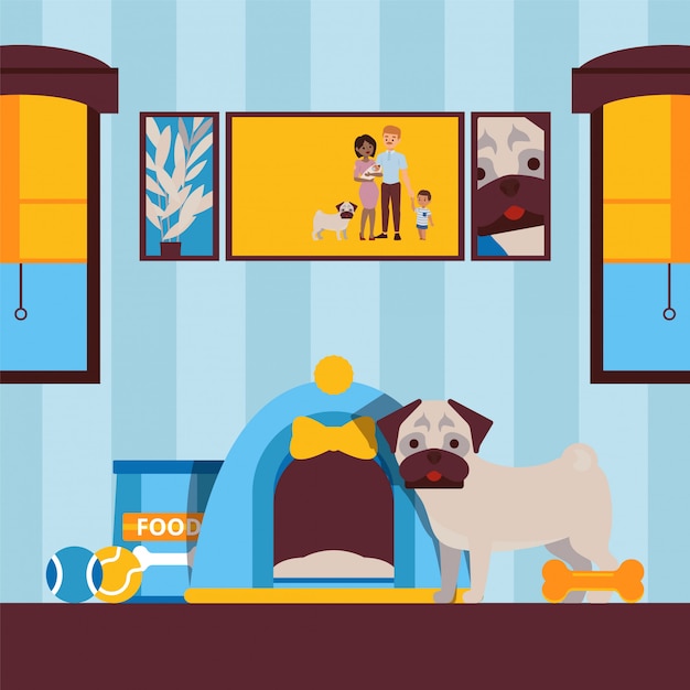 家の中のかわいい犬 アパートのイラストの動物ペット プレミアムベクター