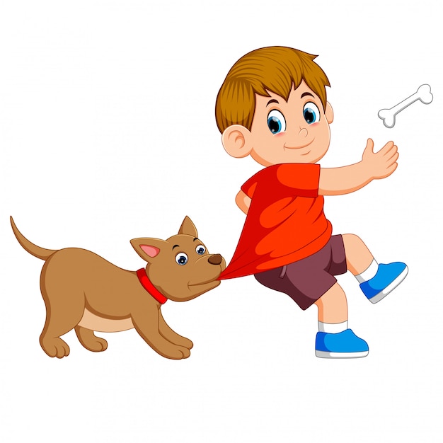 A cute dog is beating his owner's cloth for taking the bone Premium Vector