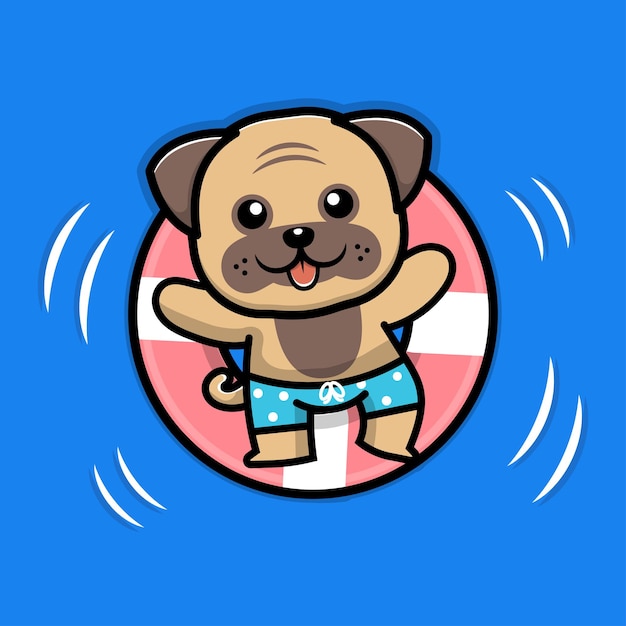 浮き輪のイラストで泳ぐかわいい犬 プレミアムベクター