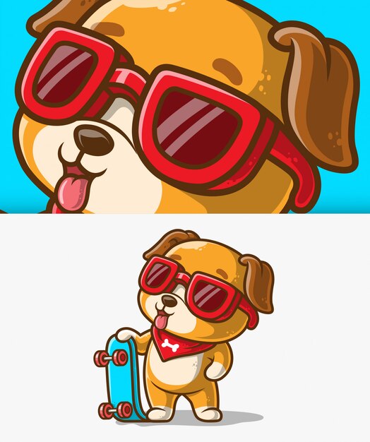 スケートボードのアイコンのイラストがかわいい犬 犬のマスコットの漫画のキャラクター プレミアムベクター