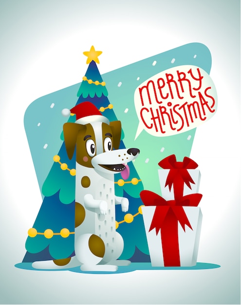 Download Cute dog with holiday gifts and speech bubble saying merry ...