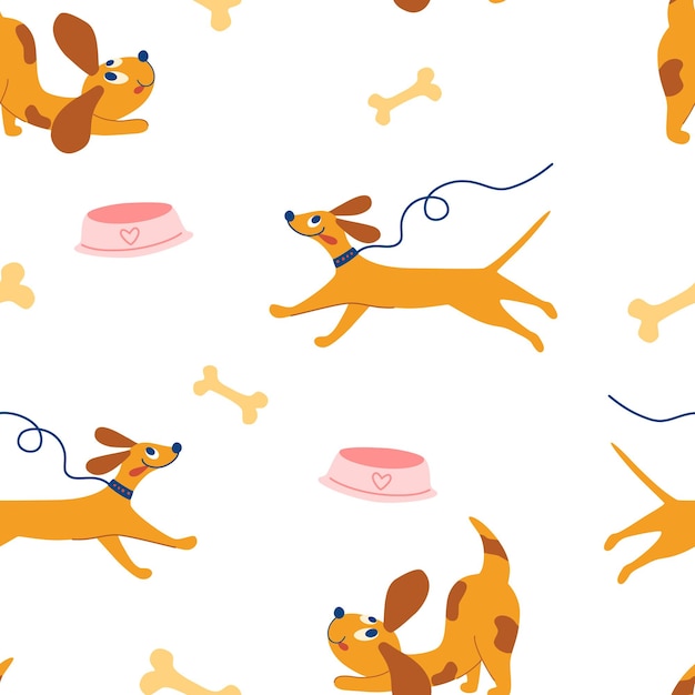 Premium Vector Cute Doggie Seamless Pattern Happy Hand Draw Cute Dogs Funny Puppies Bones Bowls Children S Pattern Cute Baby Animals Cartoon Vector Illustration For Fabric Textile Apparel Wallpaper