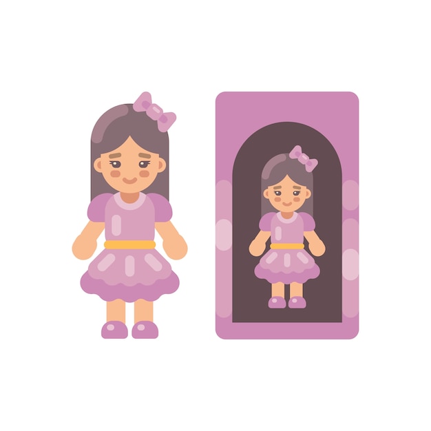 プレミアムベクター ボックスフラットアイコンでピンクのドレスでかわいい人形 小さな女の子フラットイラスト