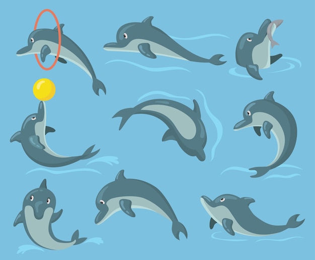 かわいいイルカセット 水中でトリックを実行し ジャンプし ボールを保持し 魚を捕まえる幸せなかわいいイルカのキャラクター 無料のベクター