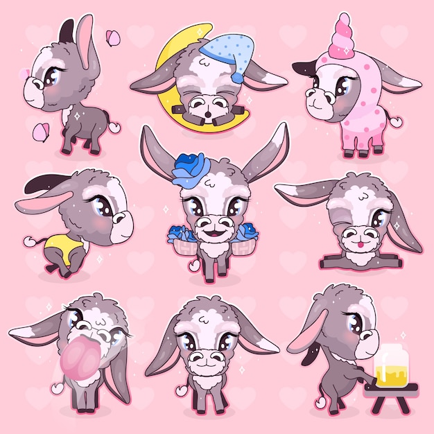 Download Premium Vector Cute Donkey Kawaii Cartoon Characters Set Adorable And Funny Mule Burro Animal Isolated Stickers Patches Anime Baby Happy Donkeys Emojis Pack On Pink Background