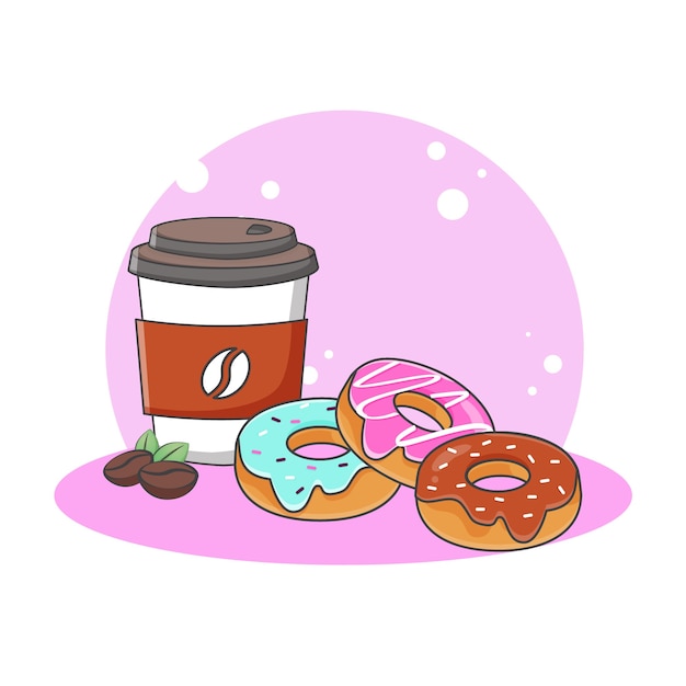 かわいいドーナツとコーヒーのアイコンイラスト 甘い食べ物やデザートアイコンのコンセプト 漫画のスタイル プレミアムベクター