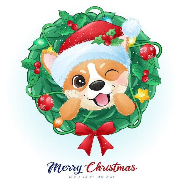 Premium Vector | Cute doodle corgi for christmas day with watercolor