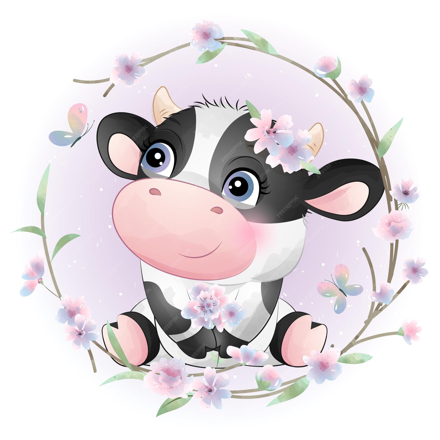 Premium Vector | Cute doodle cow baby shower with watercolor illustration