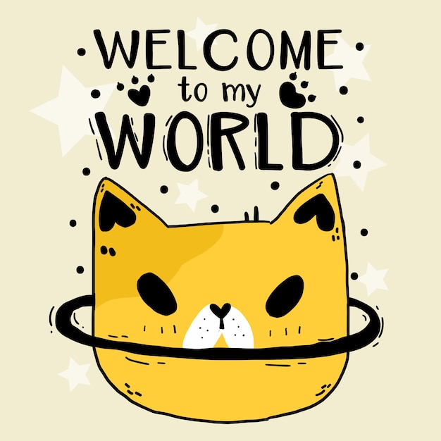 かわいい落書き面白い猫ヘッドスター私の世界のイラストへようこそ プレミアムベクター