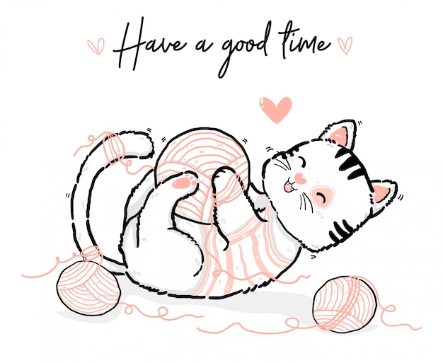 プレミアムベクター かわいい落書き幸せな遊び心のあるふわふわ キティ白とピンクの猫がコットンウールボールで良い時間を過ごして アウトラインの手描きフラットイラスト