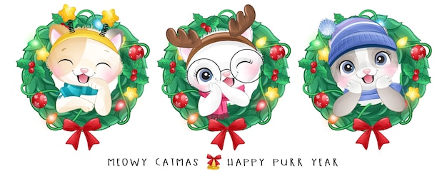 Download Premium Vector | Cute doodle kitty for christmas day with ...