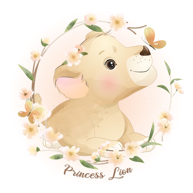 Download Premium Vector | Cute doodle lion with floral illustration