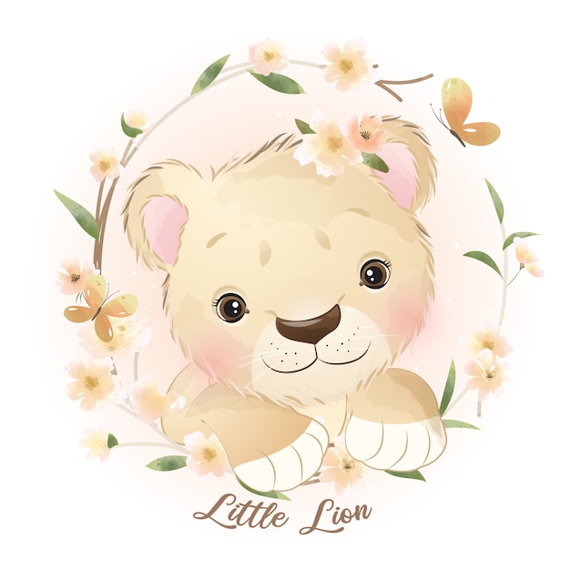 Download Premium Vector | Cute doodle lion with floral illustration