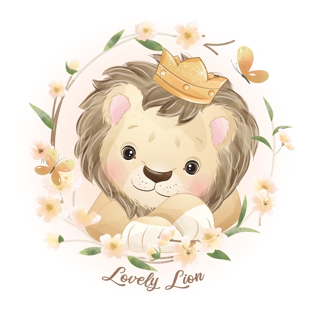 Download Premium Vector | Cute doodle lion with floral illustration