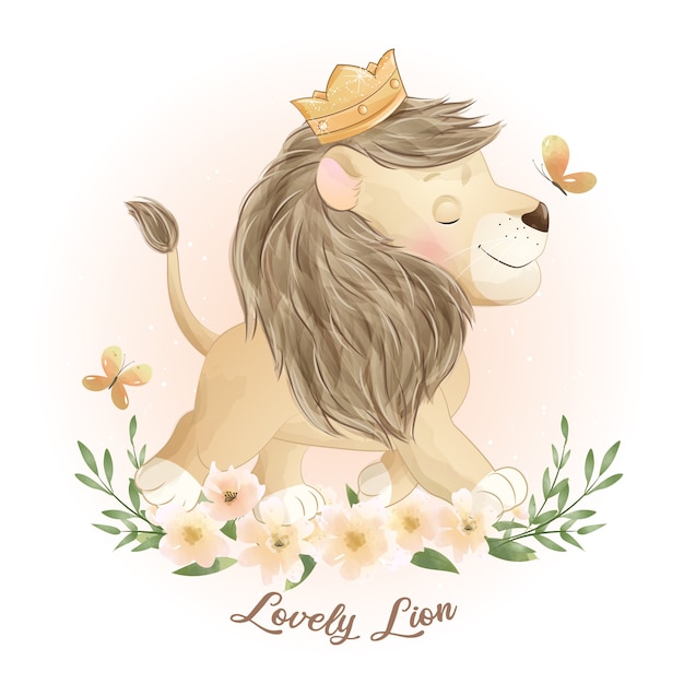 Download Premium Vector | Cute doodle lion with floral illustration