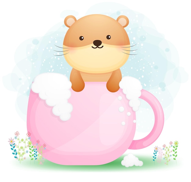 Premium Vector | Cute doodle otter showering in the cup cartoon