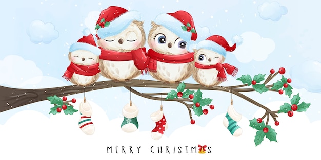 Cute doodle owl for christmas day with watercolor illustration Premium Vector