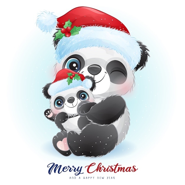 Premium Vector Cute doodle panda for christmas day with watercolor