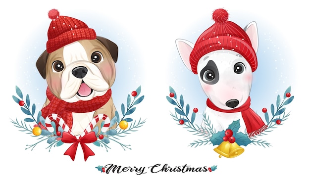 プレミアムベクター 水彩イラストのクリスマスのかわいい落書き子犬