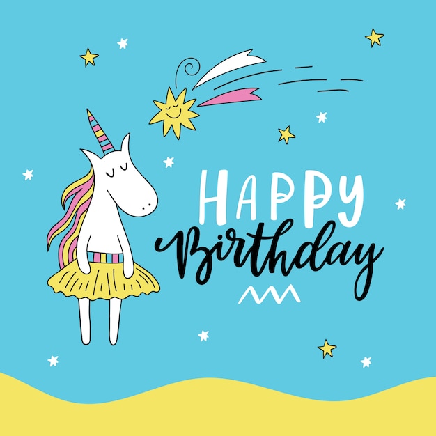 Download Cute doodle unicorn birthday card. vector illustration ...