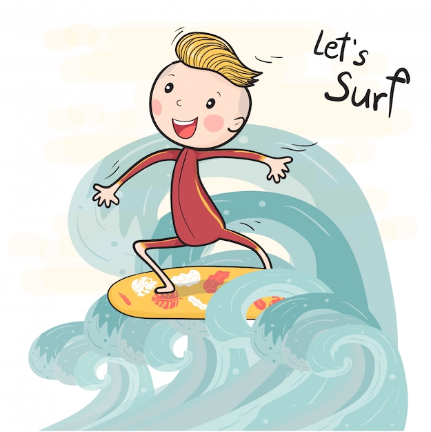 Cute Drawing Surf Boy On Surfboard Floating On Big Wave Premium