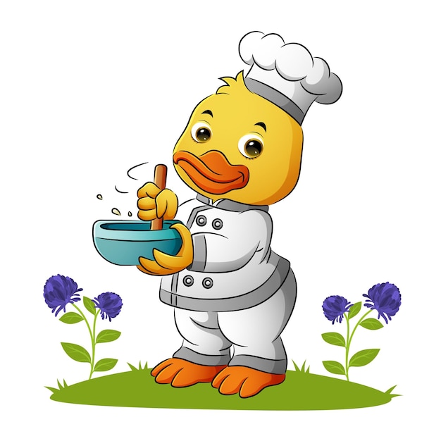 Premium Vector | The cute duck chef is string the spoon in the bowl of ...