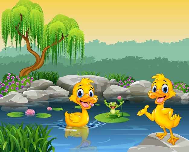 Premium Vector | Cute ducks swimming on the pond and frog