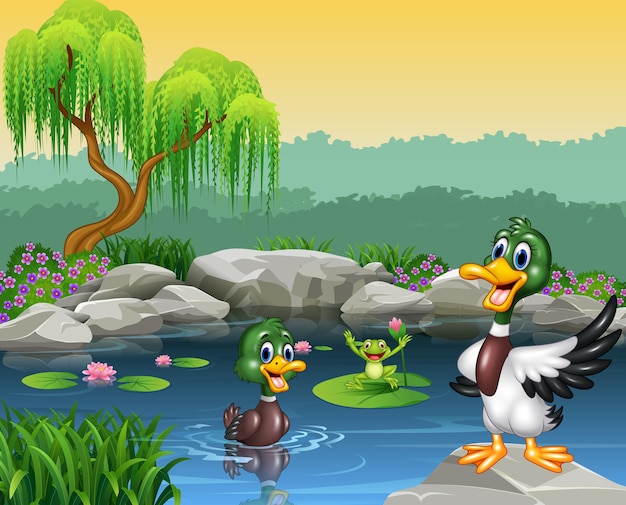 Premium Vector | Cute ducks swimming on the pond and frog