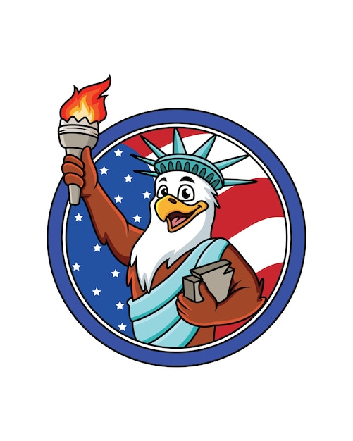 自由な衣装でかわいいワシの漫画 アメリカの国旗のイラスト プレミアムベクター