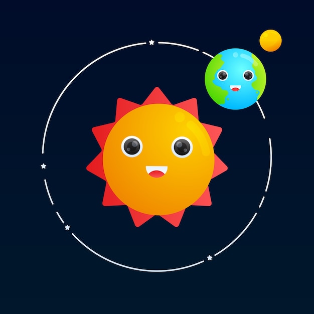 太陽のグラデーションイラストの周りを周回するかわいい地球と月 プレミアムベクター