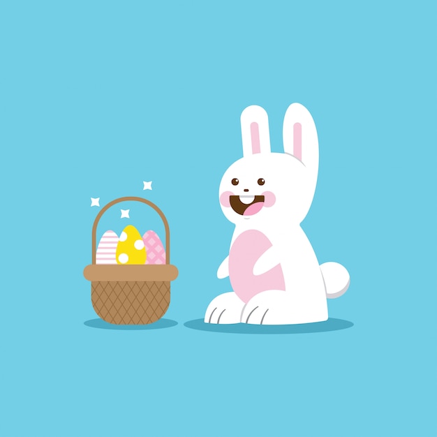 プレミアムベクター かわいいイースターのウサギと卵のバスケット 漫画フラット面白いウサギイラスト