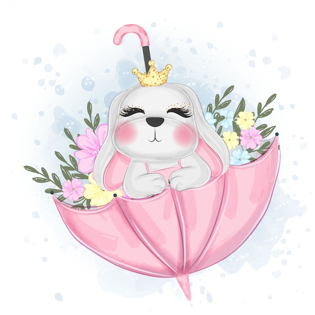 Download Cute easter bunny on umbrella watercolor illustration ...