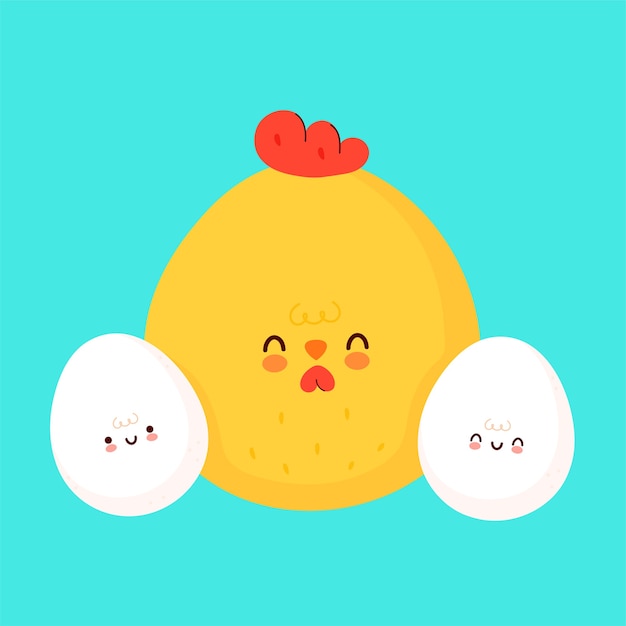 かわいい卵と鶏のイラストアイコンデザイン プレミアムベクター