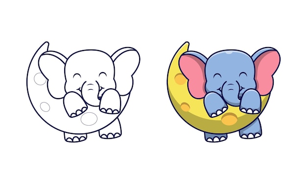 Premium Vector Cute Elephant On Moon Cartoon Coloring Pages For Kids