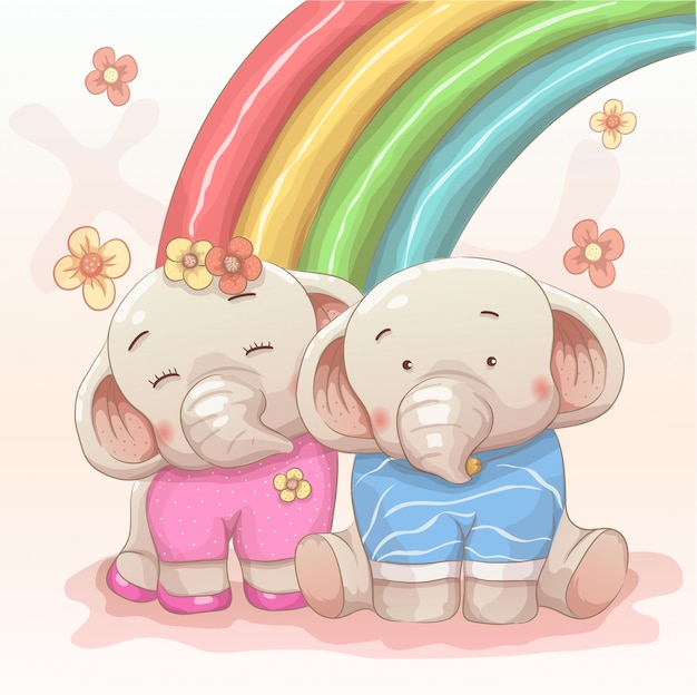 Download Cute elephant's couple love each other with rainbow ...