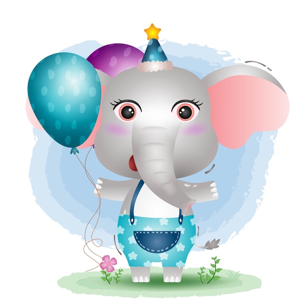 Premium Vector | A Cute Elephant Using Birthday Hat And Holds Balloon