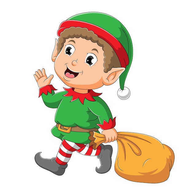 Premium Vector | The cute elf boy is waving and holding the sack of ...