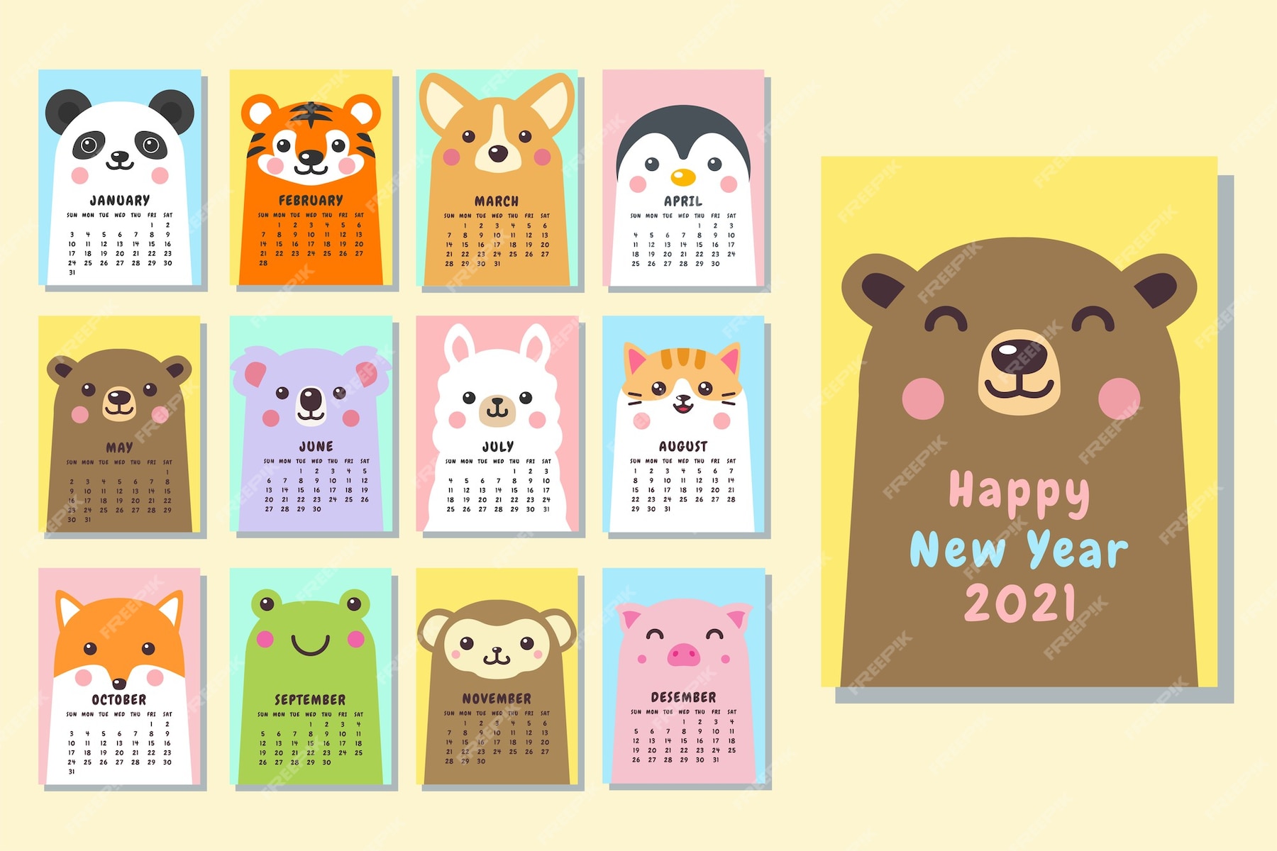 Premium Vector | Cute face animal calendar 2021