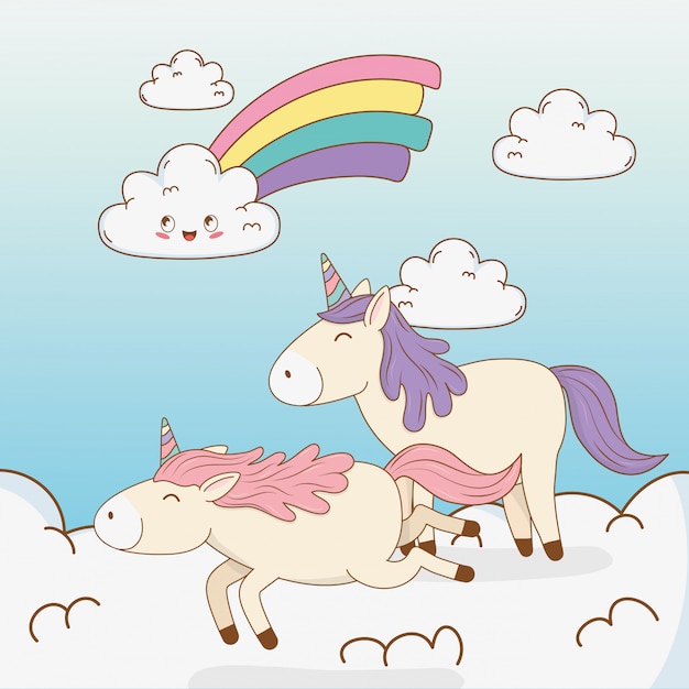 Cute fairytale unicorns in clouds with rainbow Premium Vector