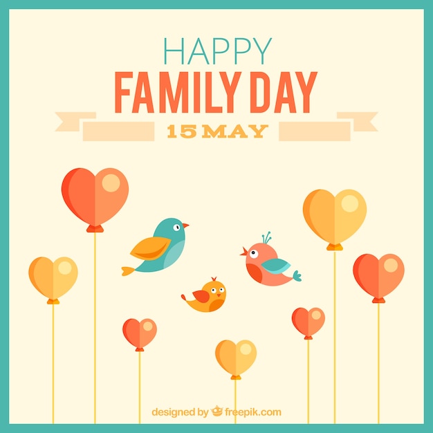 Cute family day card with birds and heart
shaped balloons