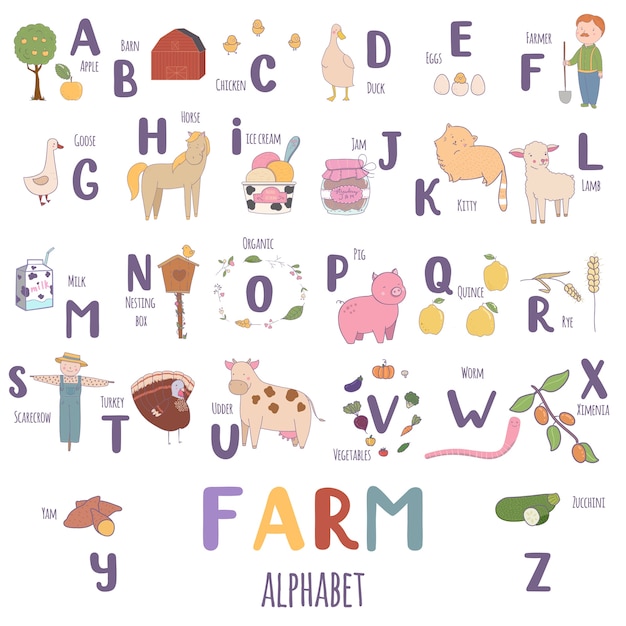 Premium Vector | Cute farm alphabet