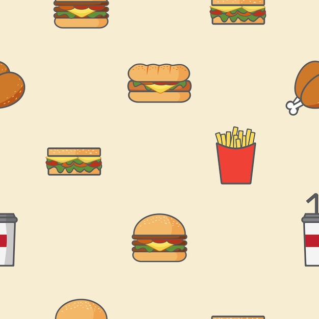 Premium Vector Cute Fast Food Cartoon Seamless Pattern Background Wallpaper