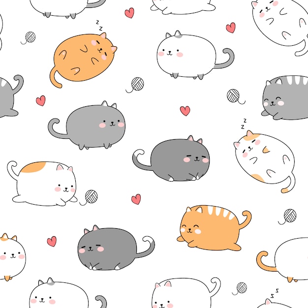 Premium Vector | Cute fat cat kitten cartoon doodle seamless pattern