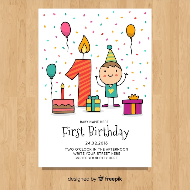 Cute first birthday card template Vector | Free Download