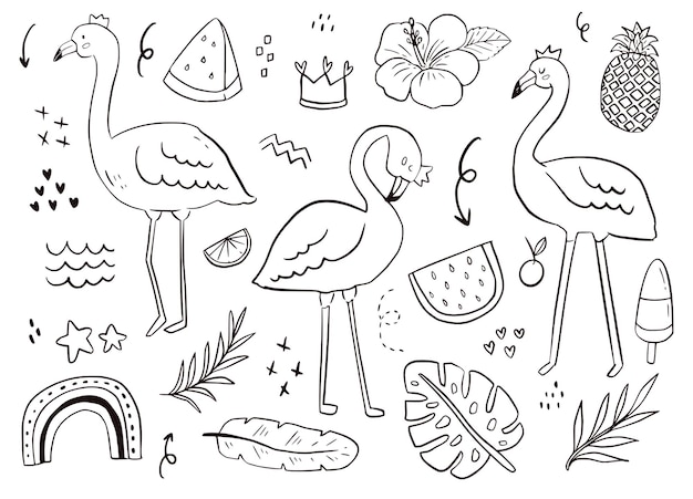 かわいいフラミンゴ落書きステッカーのアウトライン 夏の鳥 スイカ 熱帯の描画白い背景イラスト プレミアムベクター