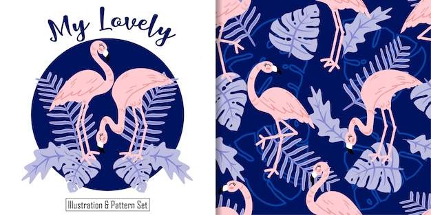 Cute flamingo tropical leaves hand drawn card seamless pattern Premium Vector